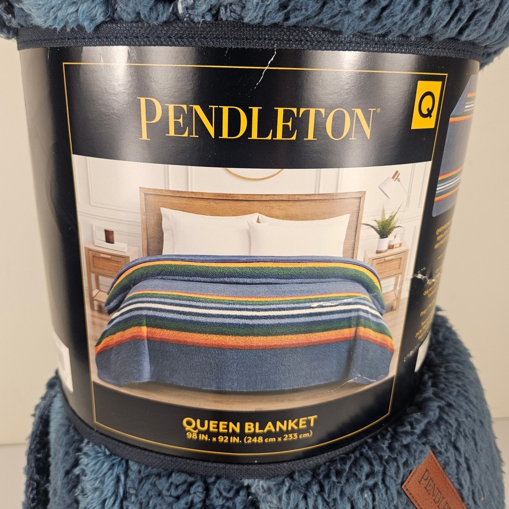Pendleton Queen Sherpa Fleece Blanket Serape Stripe Blue Reversible 98x92